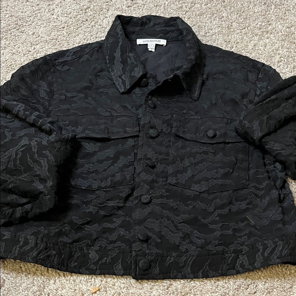 Good American Black Sheer Burn Out Camouflage Cropped Jacket 2